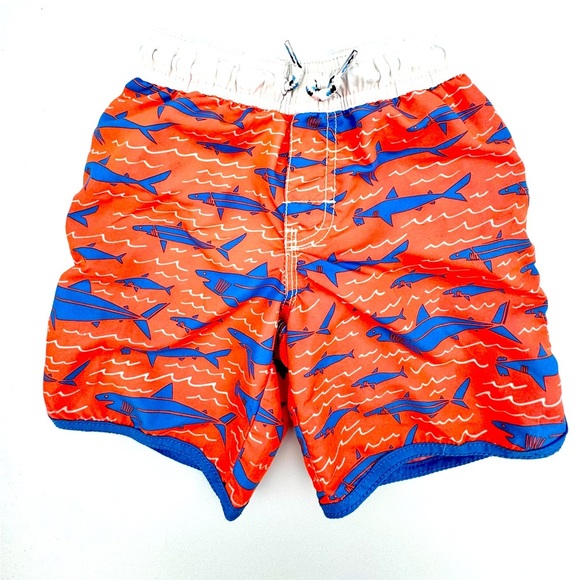 Osh Kosh GUC Sz 4T Kids Shark Print Swim Shorts, Orange, blue, white - Picture 2 of 4
